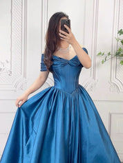 A-Line Off Shoulder Blue Long Prom Dress, Blue Long Formal Dress
