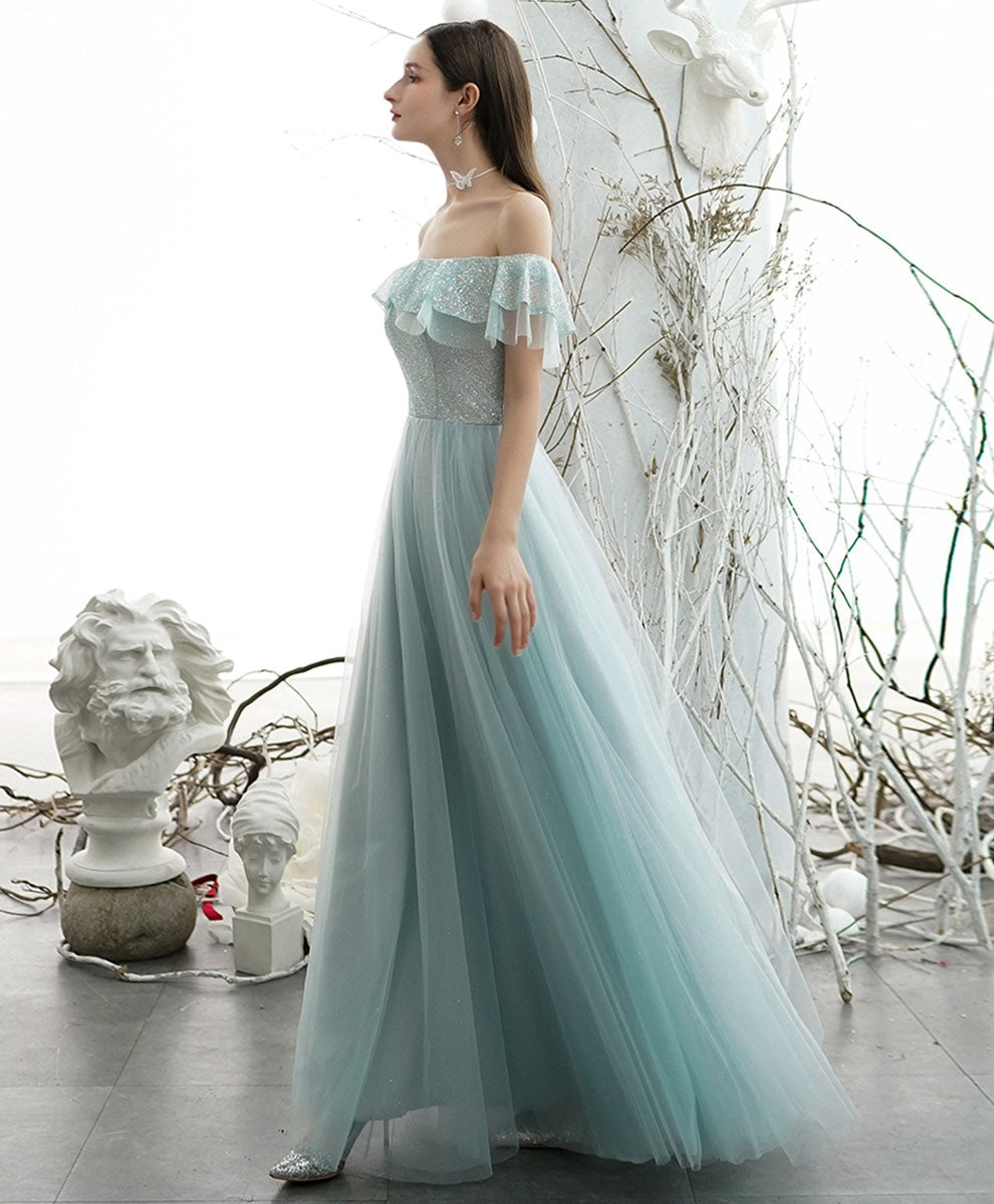A-Line Off-the-Shoulder Floor-Length Mint Green Tulle Sequin Prom Dress with Ruffled Neckline