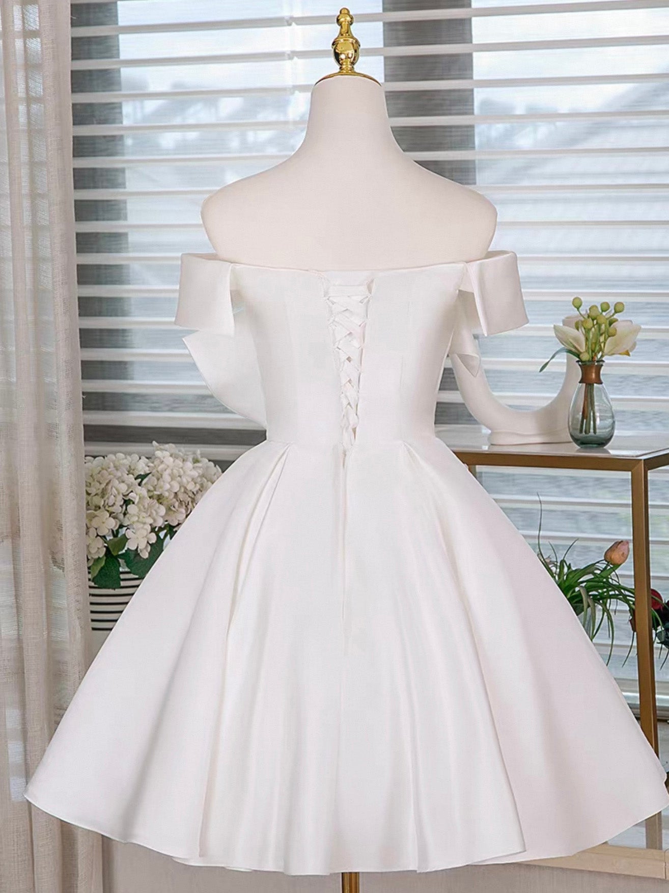 A-Line Off-the-Shoulder Neckline Knee-Length White Satin Homecoming Dress with Floral Appliqué Bow