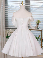 A-Line Off-the-Shoulder Neckline Knee-Length White Satin Homecoming Dress with Floral Appliqué Bow