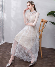 A-Line Shirt Collar Tea-Length Tulle Lace Button-Front Elegant Homecoming Dress