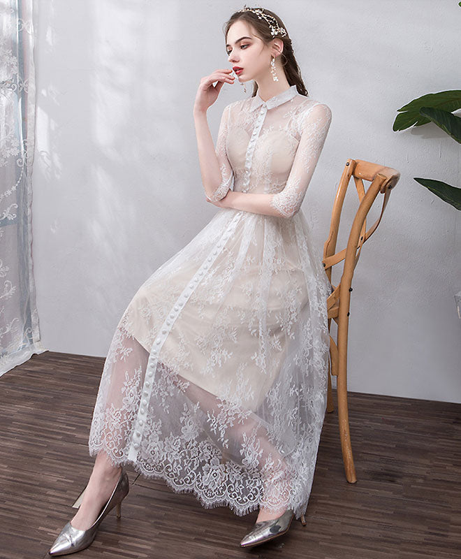 A-Line Shirt Collar Tea-Length Tulle Lace Button-Front Elegant Homecoming Dress