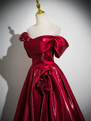 Ball Gown Straight Neck Floor-Length Water Satin Floral Prom Dress in Burgundy