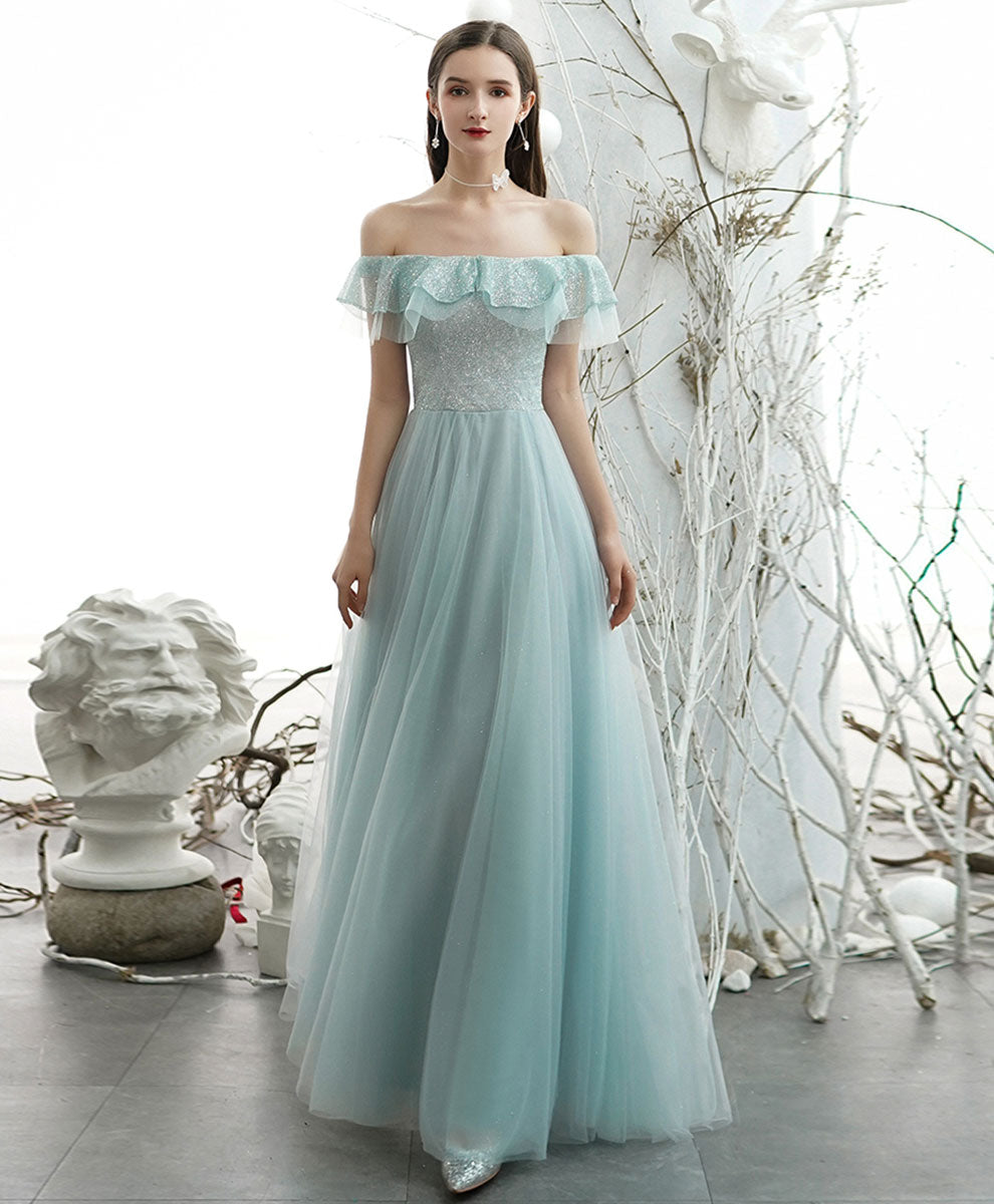 A-Line Off-the-Shoulder Floor-Length Mint Green Tulle Sequin Prom Dress with Ruffled Neckline