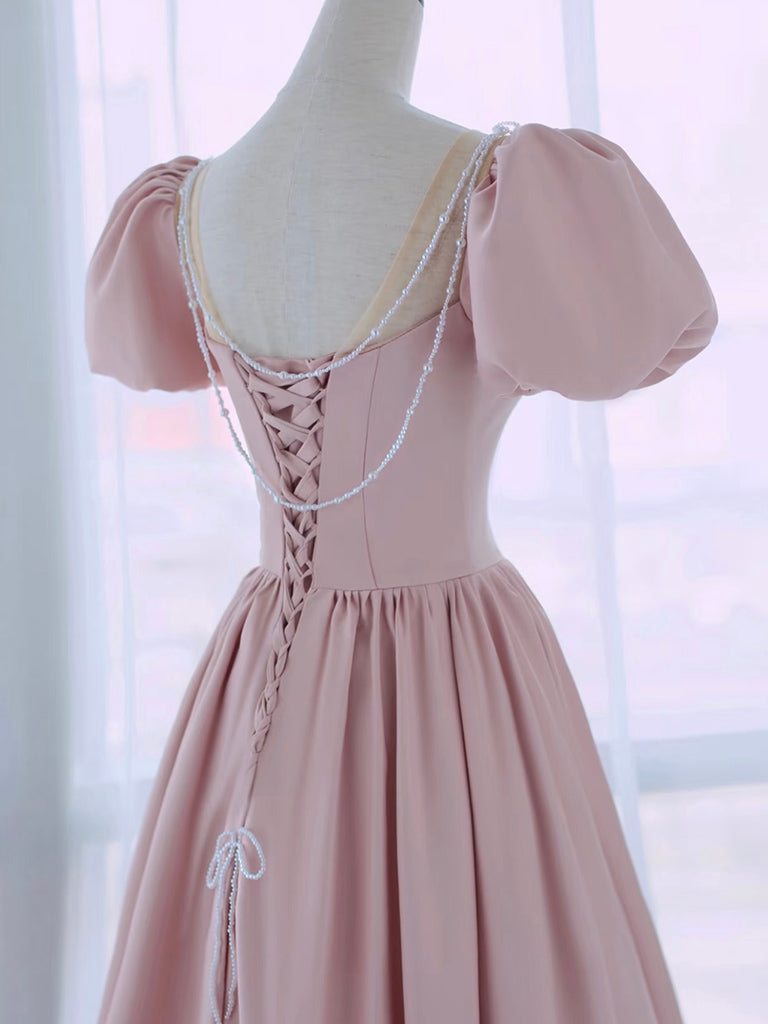 Blush A-Line Sweetheart Illusion Neck Floor-Length Satin Prom Dress with Puff Sleeves