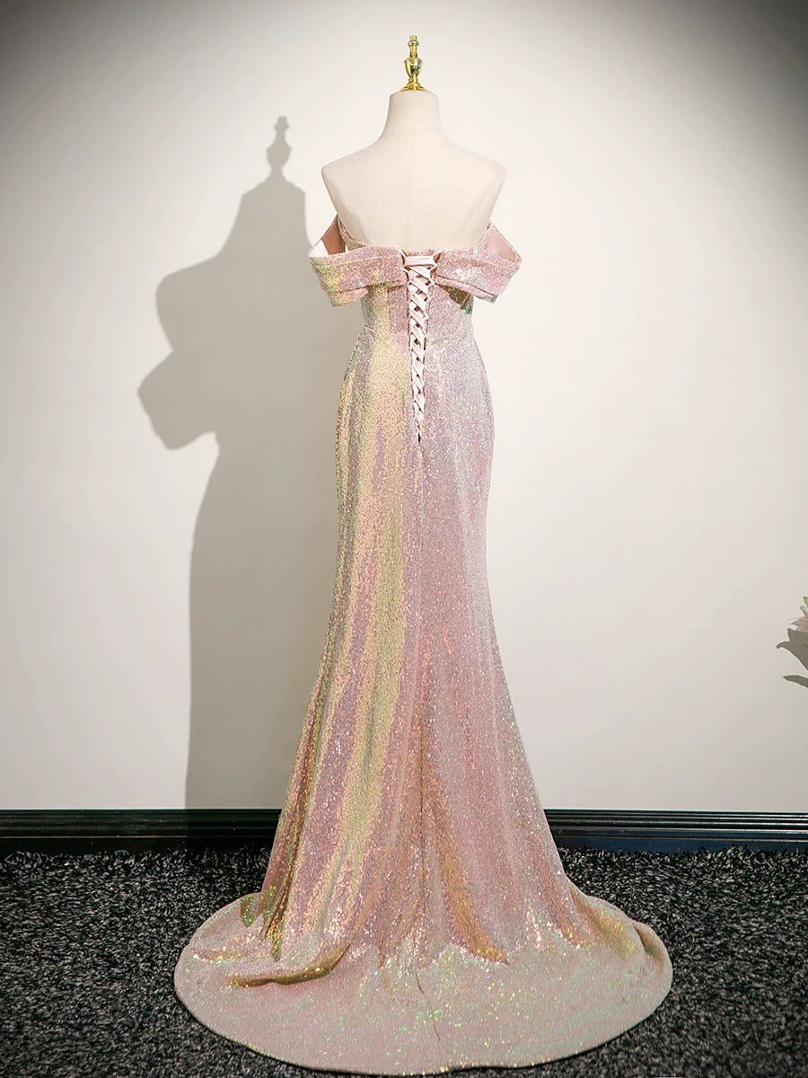 Mermaid Straight Neck Floor-Length Sequin Prom Dress in Iridescent Blush