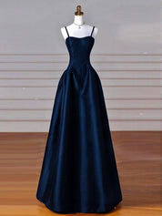 Simple A-Line Dark Blue Satin Long Prom Dress, Dark Blue Long Formal Dress