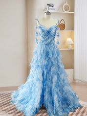 A-Line Sweetheart Neckline Floor-Length Blue Tulle Tiered Prom Dress