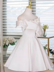 A-Line Off-the-Shoulder Neckline Knee-Length White Satin Homecoming Dress with Floral Appliqué Bow