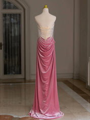 Sheath Rose Pink Square Neck Floor-Length Velvet Draped Prom Dress with Pearl Chain Back Detail