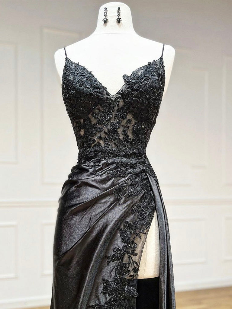Black V Neck Satin Lace Long Prom Dress, Black Lace Long Evening Dress