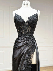 Black V Neck Satin Lace Long Prom Dress, Black Lace Long Evening Dress