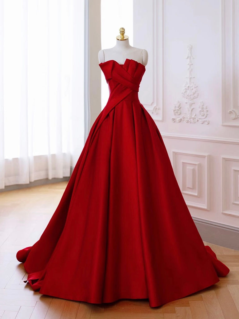 A-Line Satin Burgundy Long Prom Dress with Lace-Up Back