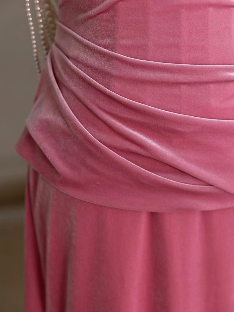 Sheath Rose Pink Square Neck Floor-Length Velvet Draped Prom Dress with Pearl Chain Back Detail