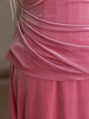 Sheath Rose Pink Square Neck Floor-Length Velvet Draped Prom Dress with Pearl Chain Back Detail