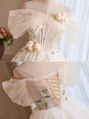 A-Line Off-the-Shoulder Knee-Length Ivory Tulle Lace Homecoming Dress with Floral Embroidery