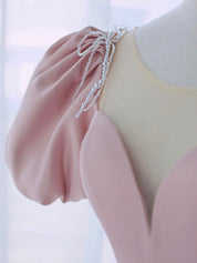 Blush A-Line Sweetheart Illusion Neck Floor-Length Satin Prom Dress with Puff Sleeves