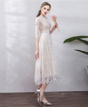 A-Line Shirt Collar Tea-Length Tulle Lace Button-Front Elegant Homecoming Dress