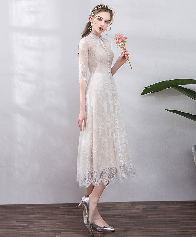 A-Line Shirt Collar Tea-Length Tulle Lace Button-Front Elegant Homecoming Dress