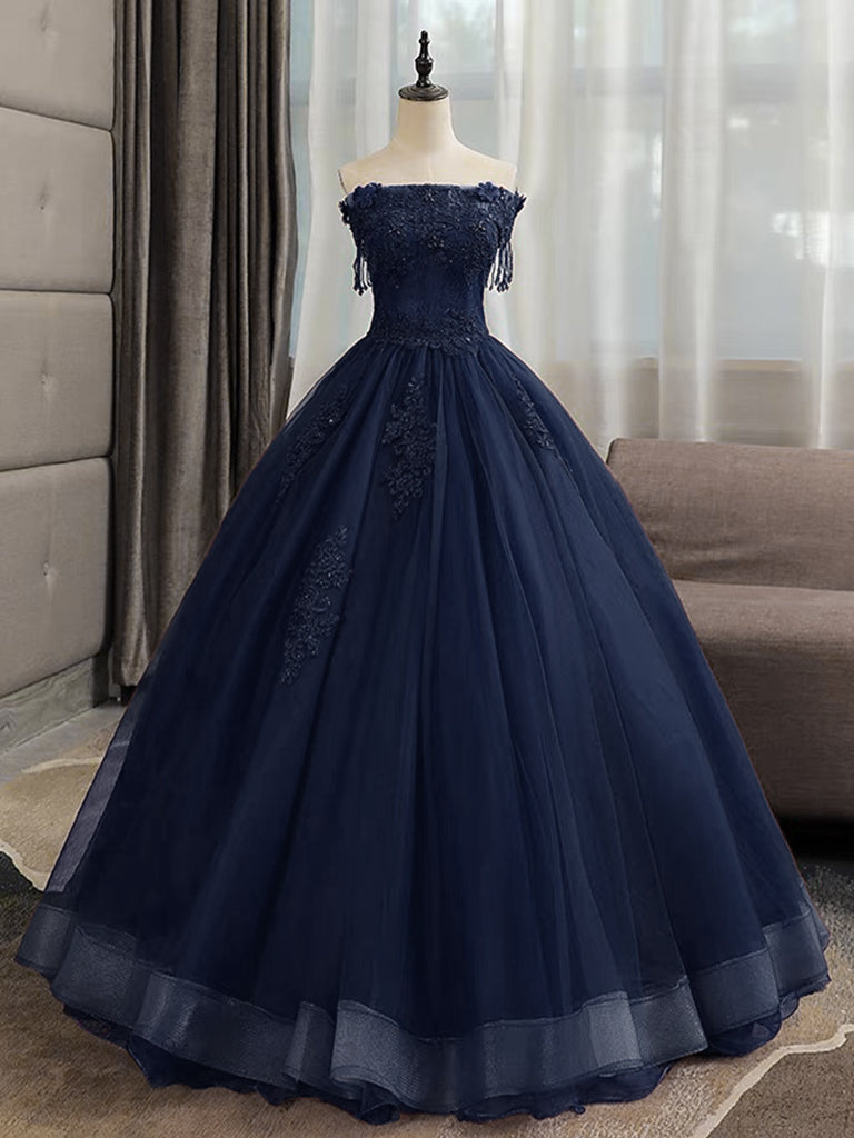 A-Line Tulle Lace Dark Blue Long Prom Dress, Dark Blue Long Sweet 16 Dress