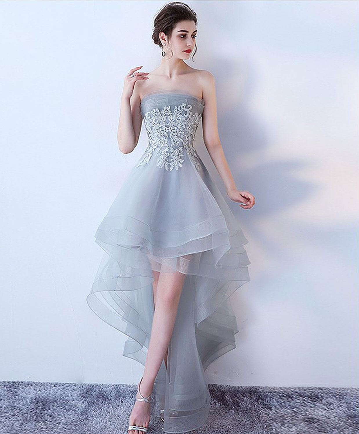 A-Line Strapless High-Low Tulle Homecoming Dress in Soft Gray with Lace Appliqué Bodice