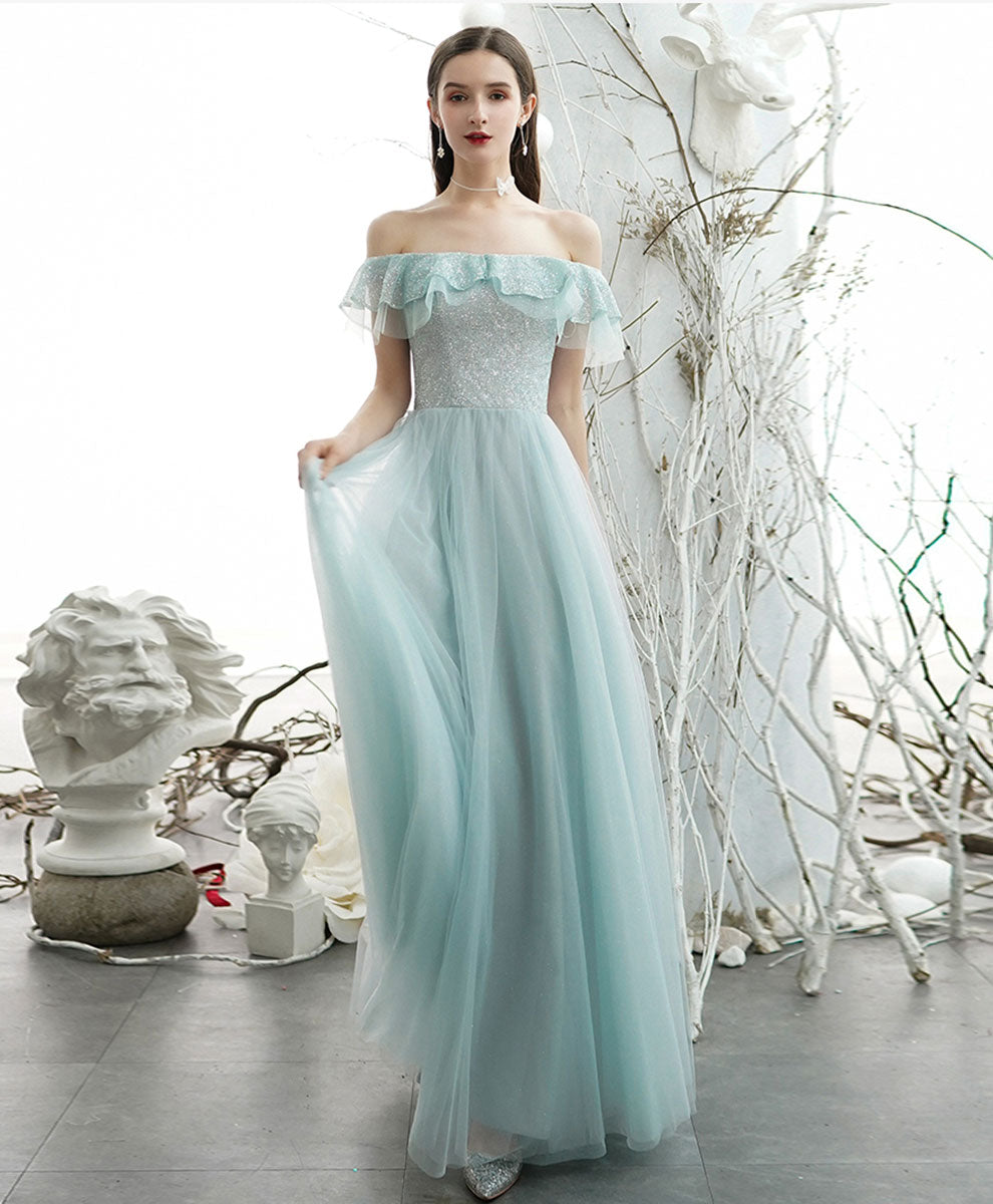 A-Line Off-the-Shoulder Floor-Length Mint Green Tulle Sequin Prom Dress with Ruffled Neckline