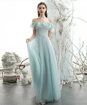 A-Line Off-the-Shoulder Floor-Length Mint Green Tulle Sequin Prom Dress with Ruffled Neckline