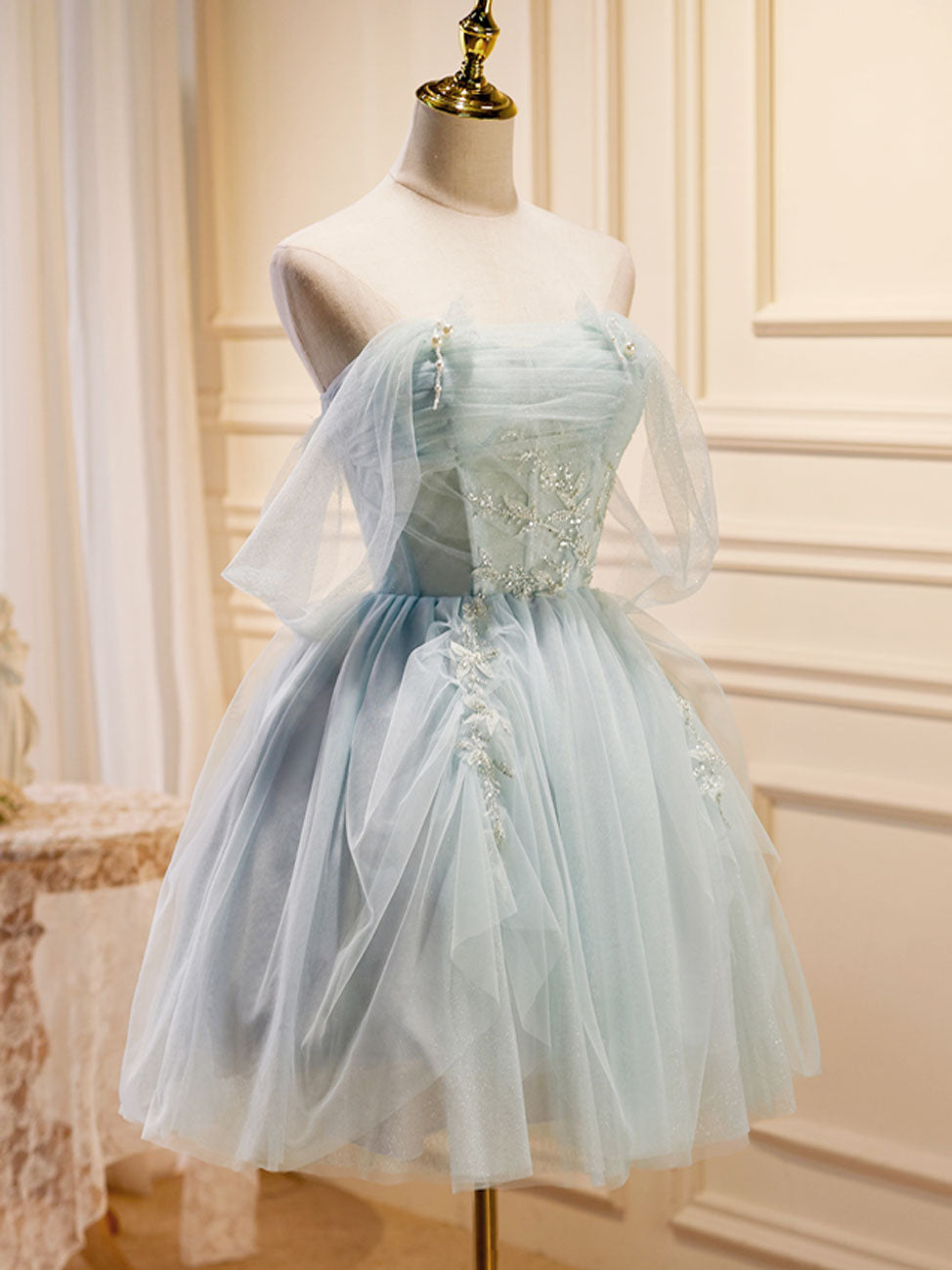 A-Line Off-the-Shoulder Knee-Length Light Blue Tulle Beaded Homecoming Dress with Sheer Sleeves