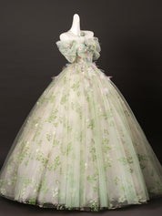 A-Line Off-Shoulder Tulle Lace Green Long Prom Dress | Elegant Formal Evening Gown