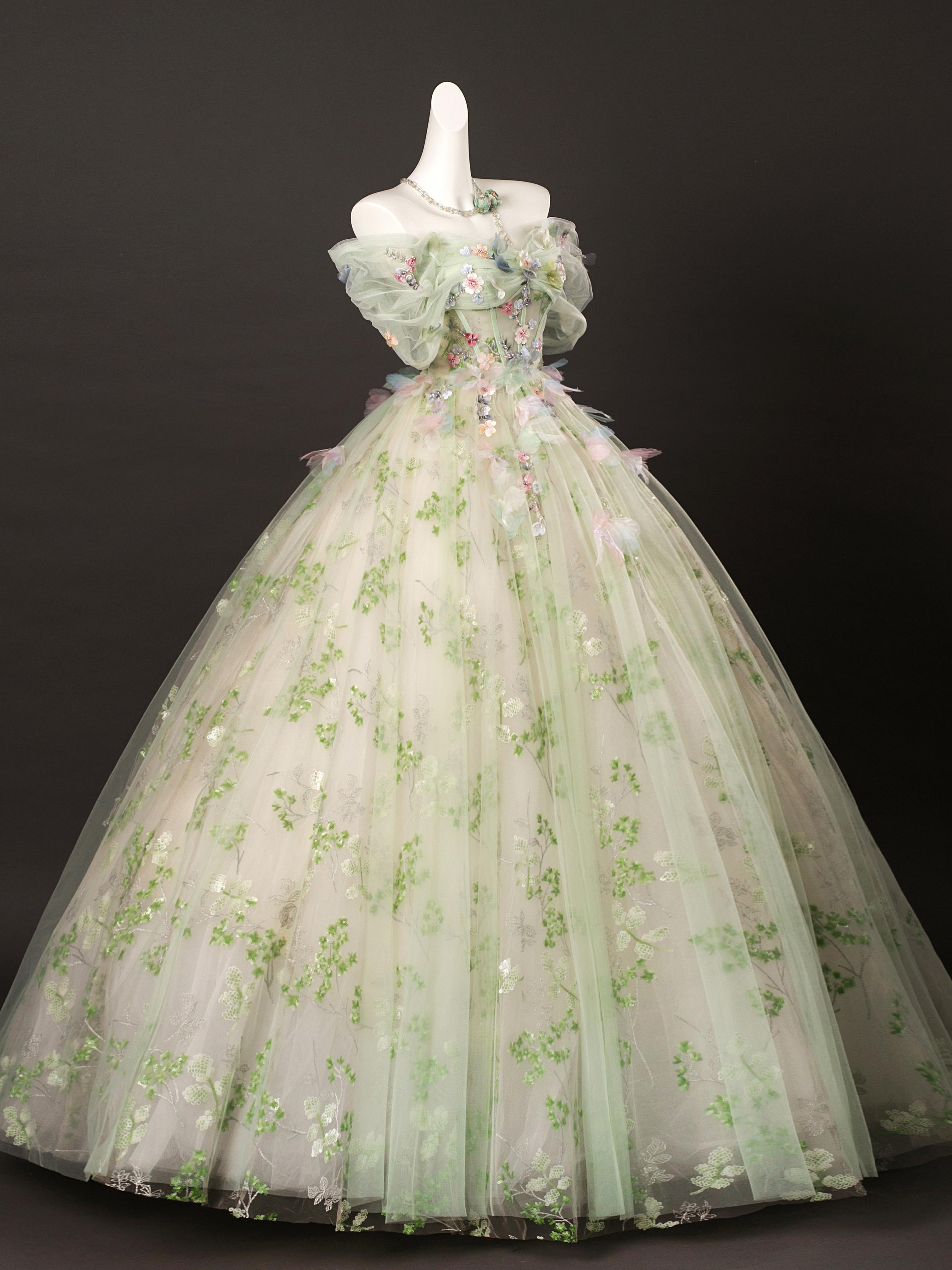 A-Line Off-Shoulder Tulle Lace Green Long Prom Dress | Elegant Formal Evening Gown