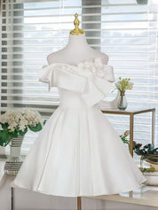 A-Line Off-the-Shoulder Neckline Knee-Length White Satin Homecoming Dress with Floral Appliqué Bow