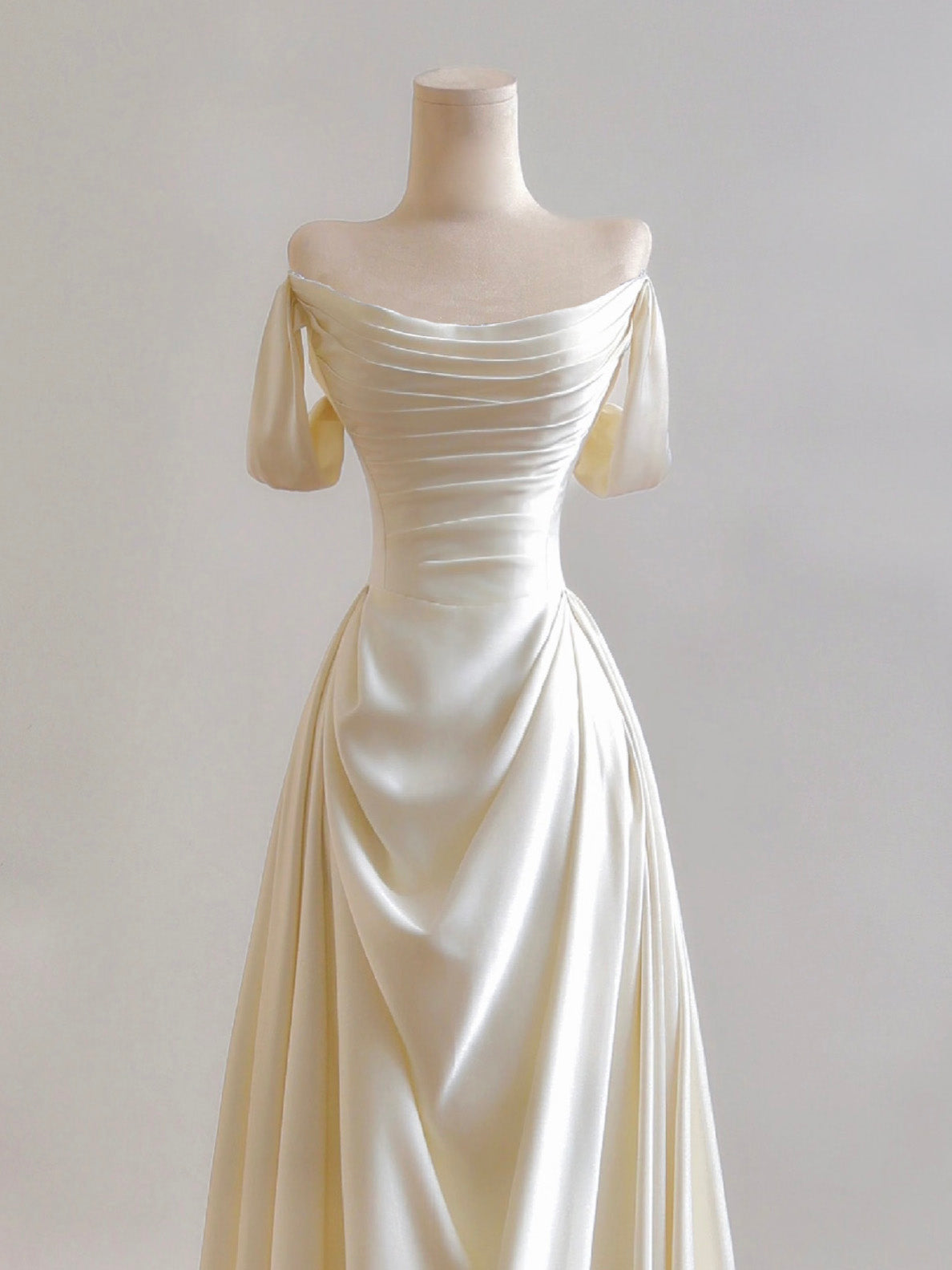 A-Line Off Shoulder Satin Light Champagne Long Prom Dress, Light Champagne Formal Dress