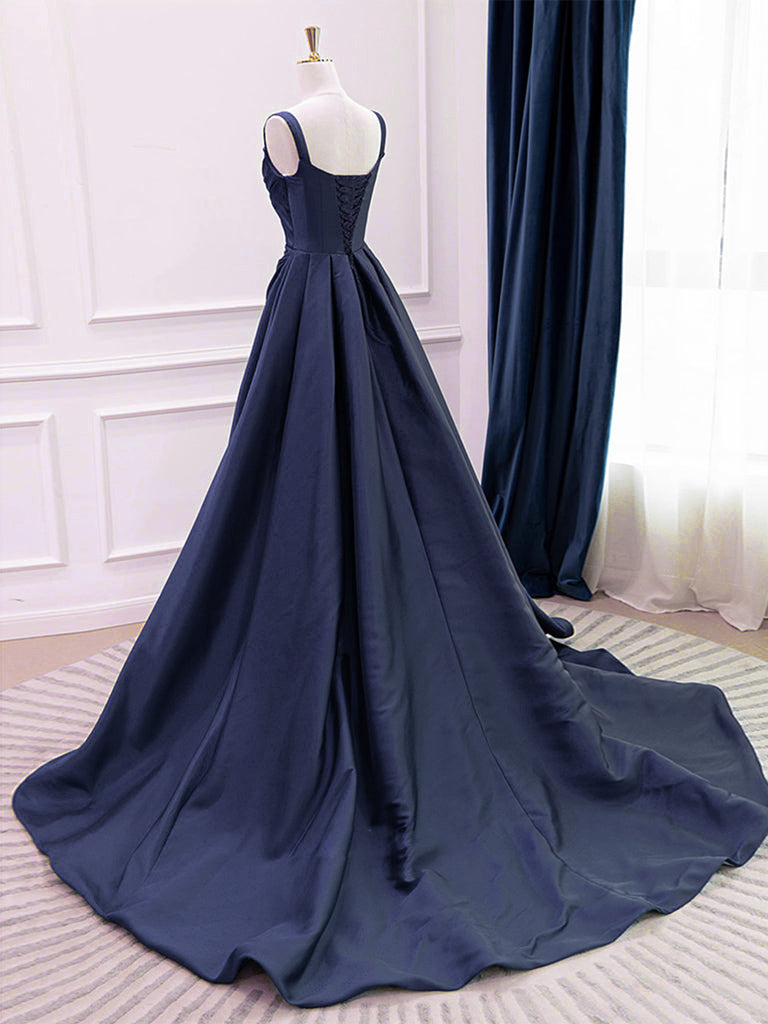 A-Line Satin Dark Blue Long Prom Dress, Dark Blue Long Evening Dress