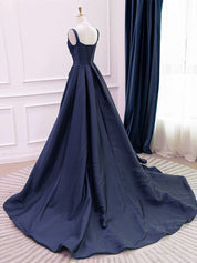 A-Line Satin Dark Blue Long Prom Dress, Dark Blue Long Evening Dress