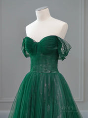 A-Line Off Shoulder Tulle Lace Green Long Prom Dress, Green Long Evening Dress