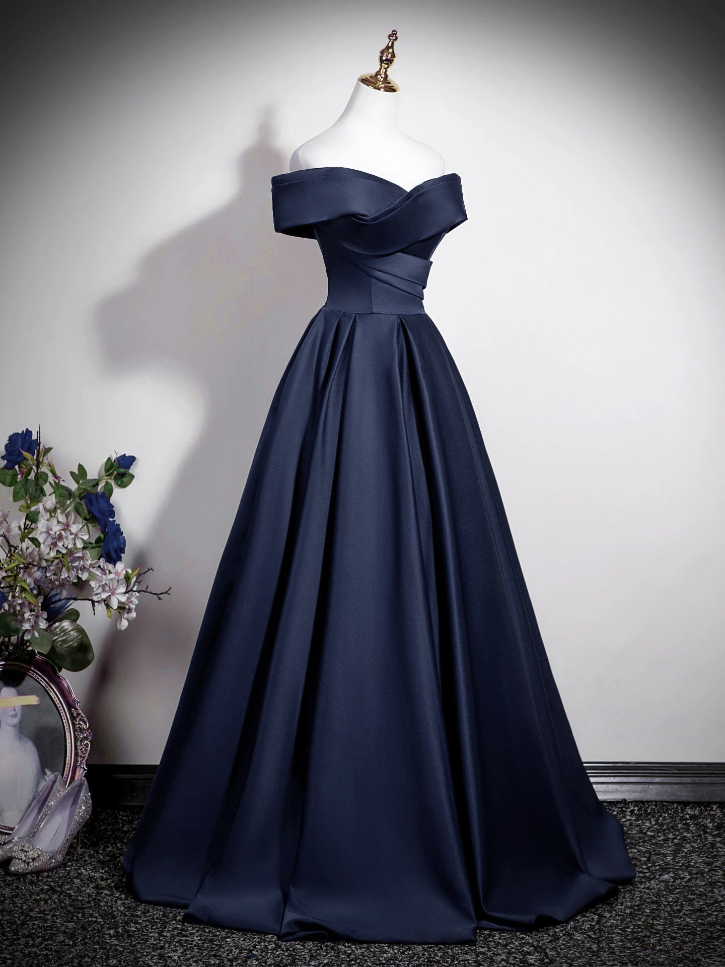 A-Line Straight Neck Floor-Length Navy Satin Prom Dress with Sculpted Off-the-Shoulder Bodice