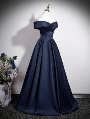 A-Line Straight Neck Floor-Length Navy Satin Prom Dress with Sculpted Off-the-Shoulder Bodice