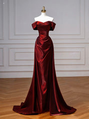 Simple Off Shoulder Satin Burgundy Long Prom Dress, Burgundy Long Formal Dress