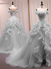 Ball Gown Lavender Off-the-Shoulder Floor-Length Tulle & Lace Prom Dress with Layered Ruffles