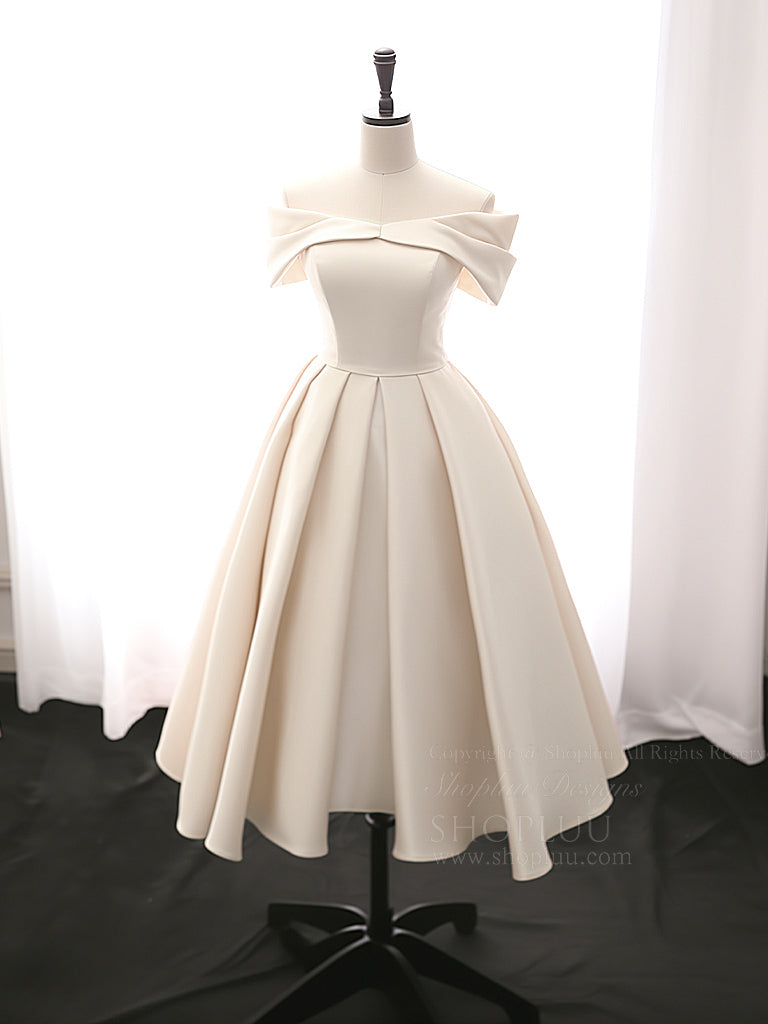 A-Line Off Shoulder Satin Tea Length Blue Prom Dress, Blue Formal Dress