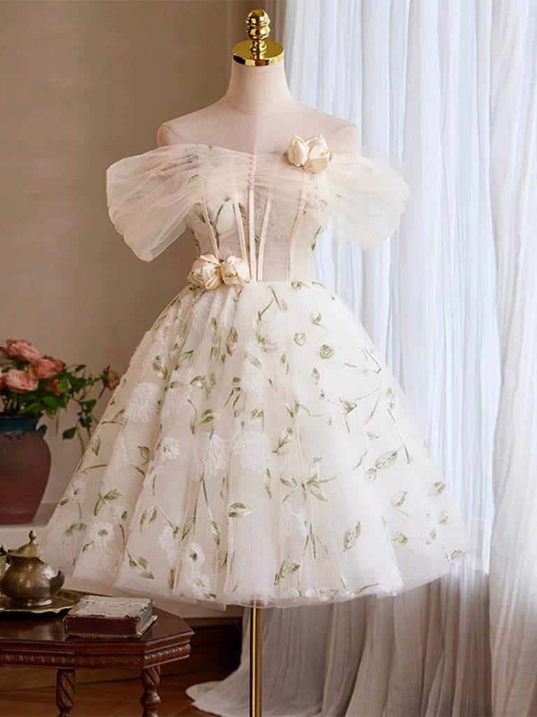 A-Line Off-the-Shoulder Knee-Length Ivory Tulle Lace Homecoming Dress with Floral Embroidery
