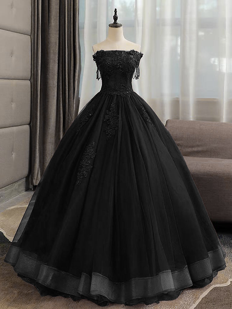 Black Tulle Lace Long Prom Dress