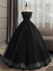 Black Tulle Lace Long Prom Dress