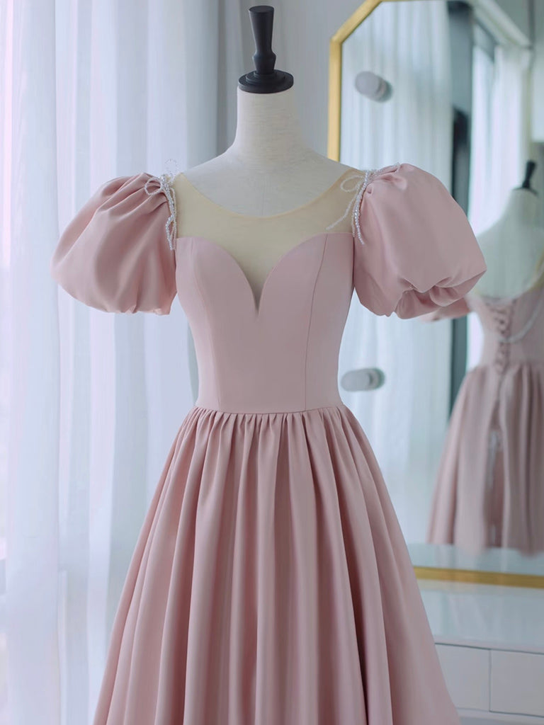 Blush A-Line Sweetheart Illusion Neck Floor-Length Satin Prom Dress with Puff Sleeves