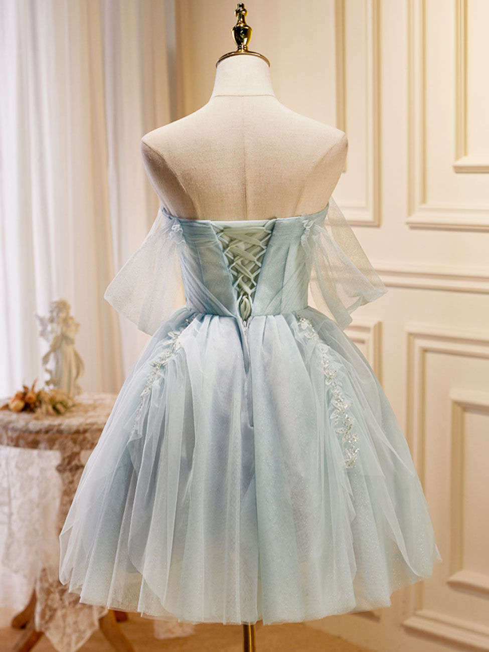 A-Line Off-the-Shoulder Knee-Length Light Blue Tulle Beaded Homecoming Dress with Sheer Sleeves