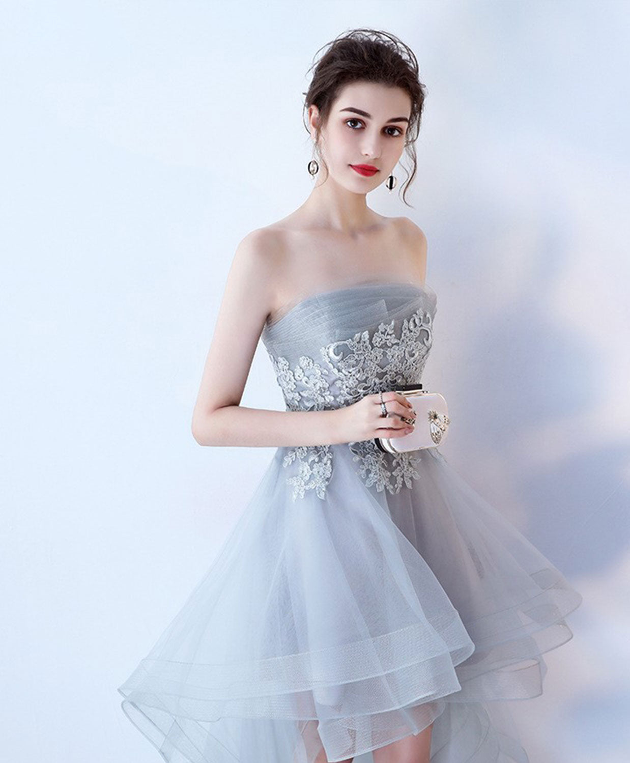 A-Line Strapless High-Low Tulle Homecoming Dress in Soft Gray with Lace Appliqué Bodice
