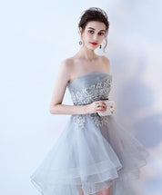 A-Line Strapless High-Low Tulle Homecoming Dress in Soft Gray with Lace Appliqué Bodice
