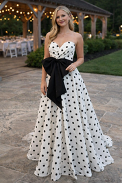A-Line Sweetheart Floor-Length White Polka Dot Satin Prom Dress with Statement Bow