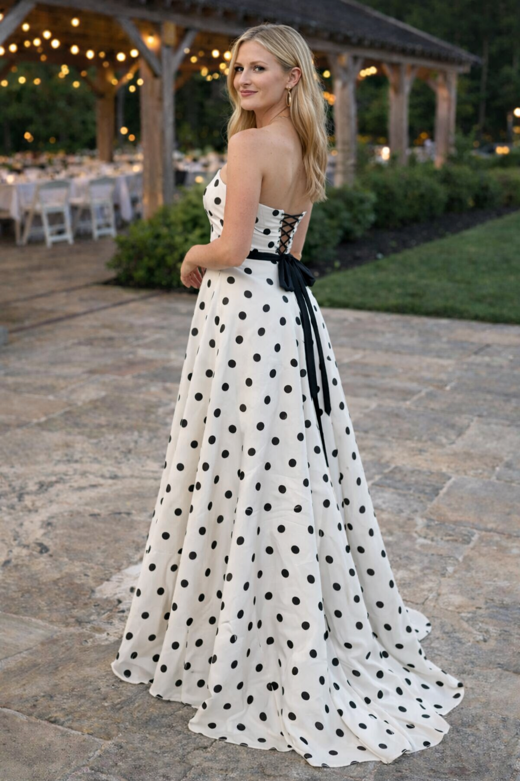 A-Line Sweetheart Floor-Length White Polka Dot Satin Prom Dress with Statement Bow
