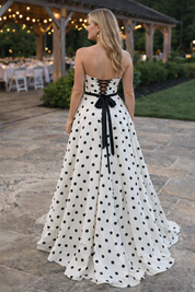 A-Line Sweetheart Floor-Length White Polka Dot Satin Prom Dress with Statement Bow